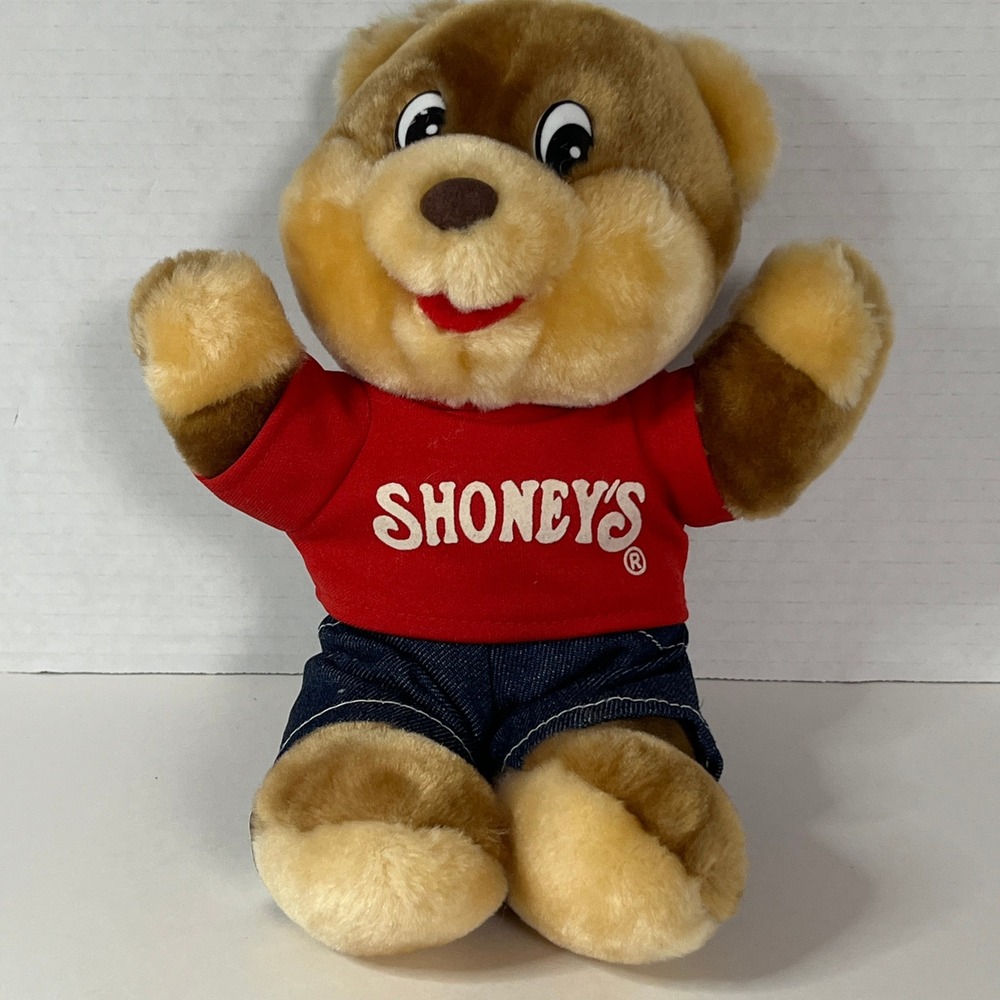 Vintage 1999 Shoney Bear Plush Restaurant Mascot Red Shirt Denim Shorts 8 Inch